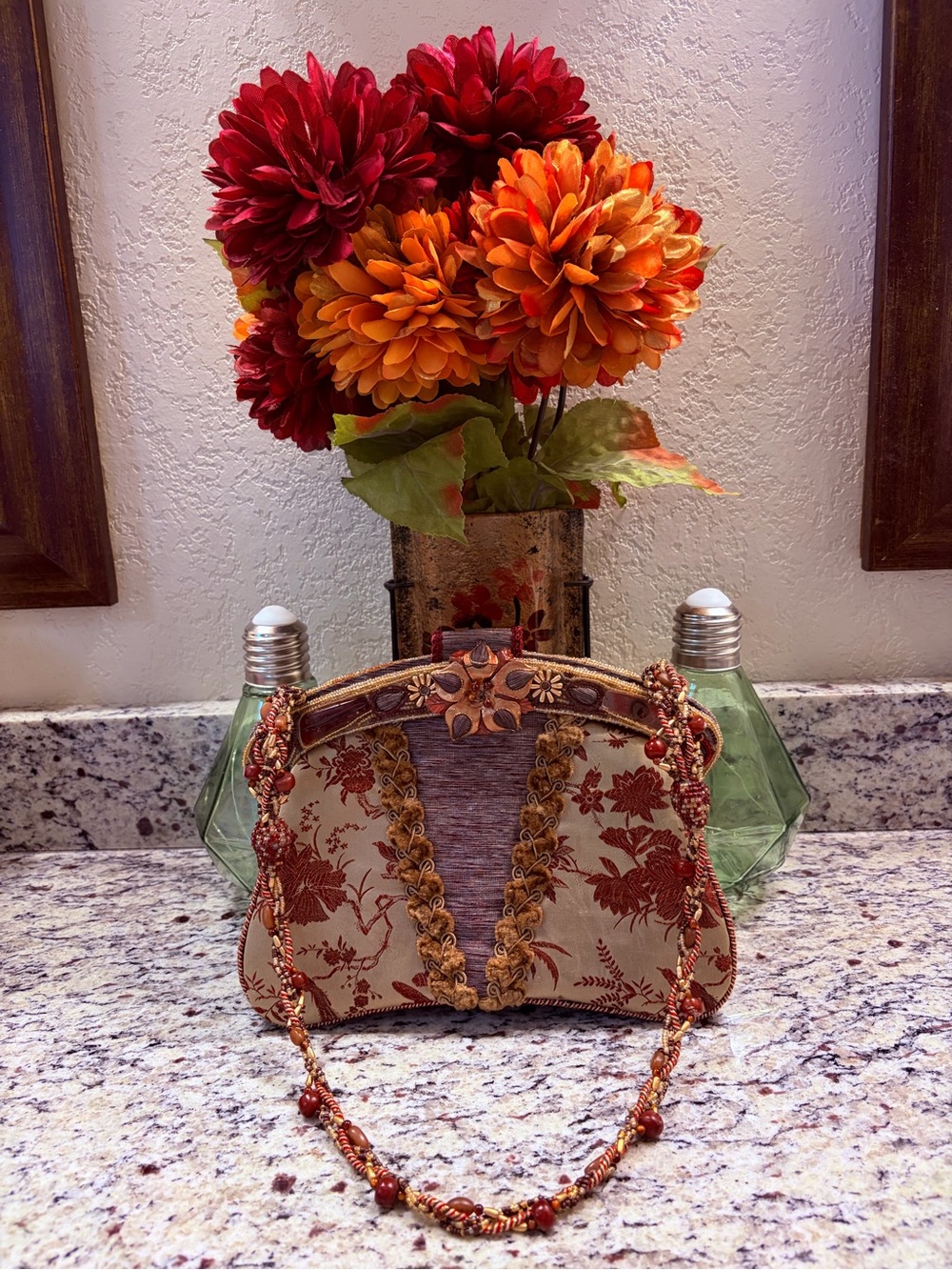 Vintage Mary Frances Red & Tan Floral beaded handle Evening Bag